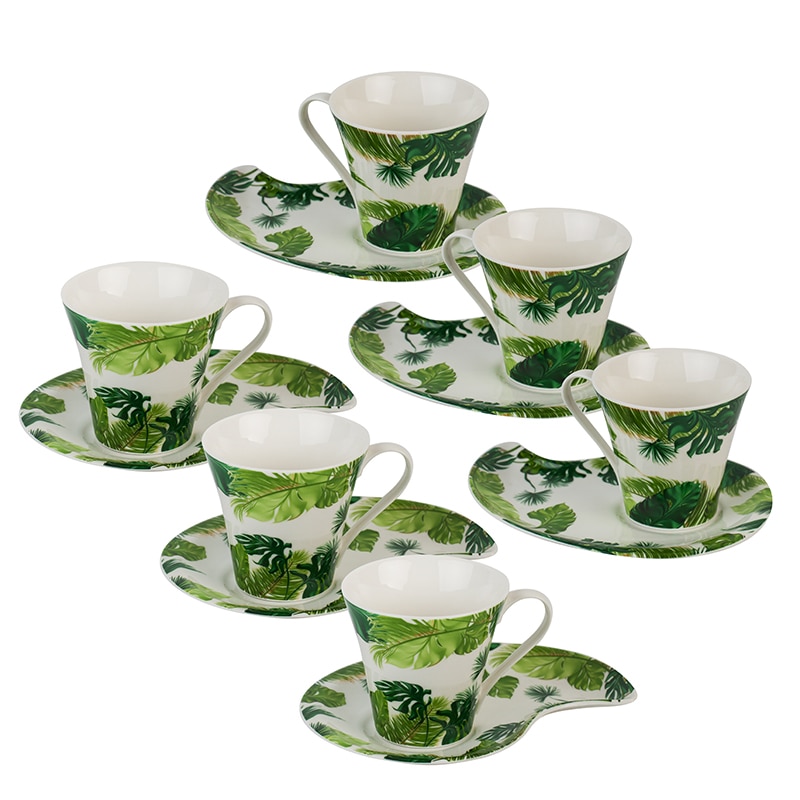 Set portelan 6 cesti cu farfurie, Lancaster, 150 ml, Alb/Verde