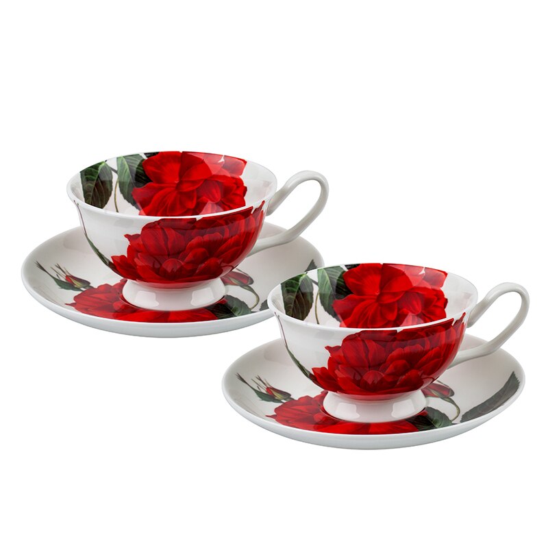 Set de portelan 2 cesti cu farfurie, Lancaster, 200ml, Alb/Rosu