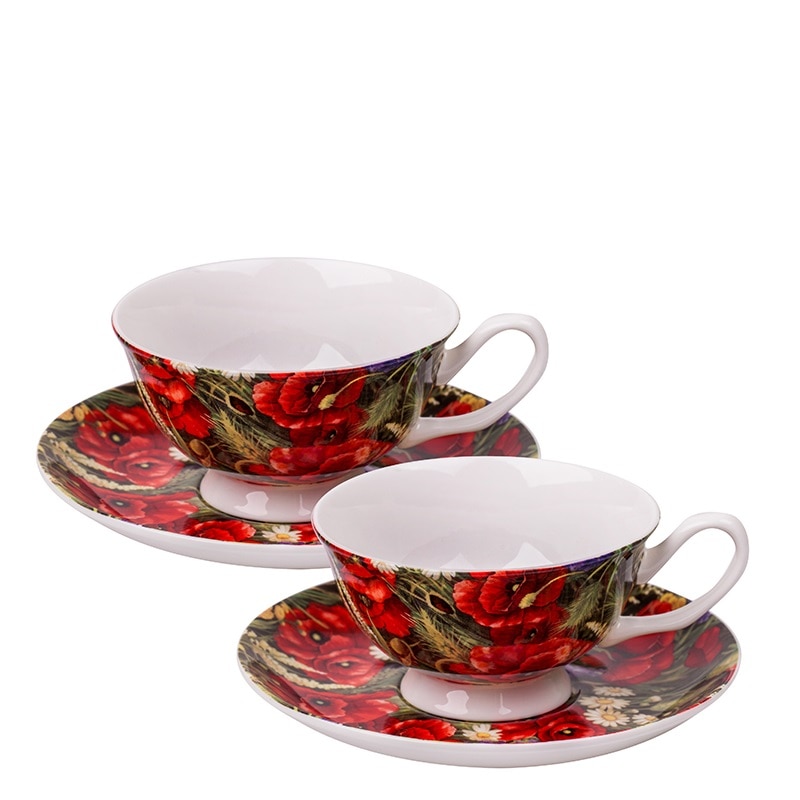 Set de portelan 2 cesti cu farfurie cu maci, Lancaster, 150 ml, Multicolor