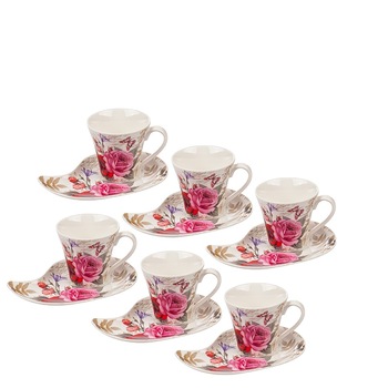 Set portelan 6 cesti cu farfurie inima, Lancaster, 150 ml, Alb/Roz Set portelan 6 cesti cu farfurie inima, Lancaster, 150 ml, Alb/Roz