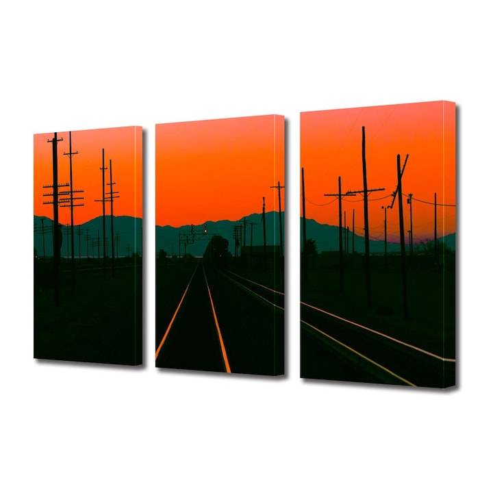Tablou Multicanvas 3 Piese Peisaje Cale ferata la apus, 100 x 210 cm