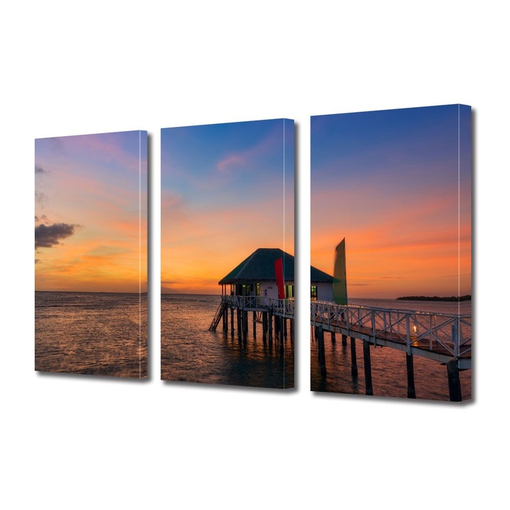 Tablou Multicanvas 3 Piese Peisaje Casa pe ponton, 100 x 210 cm