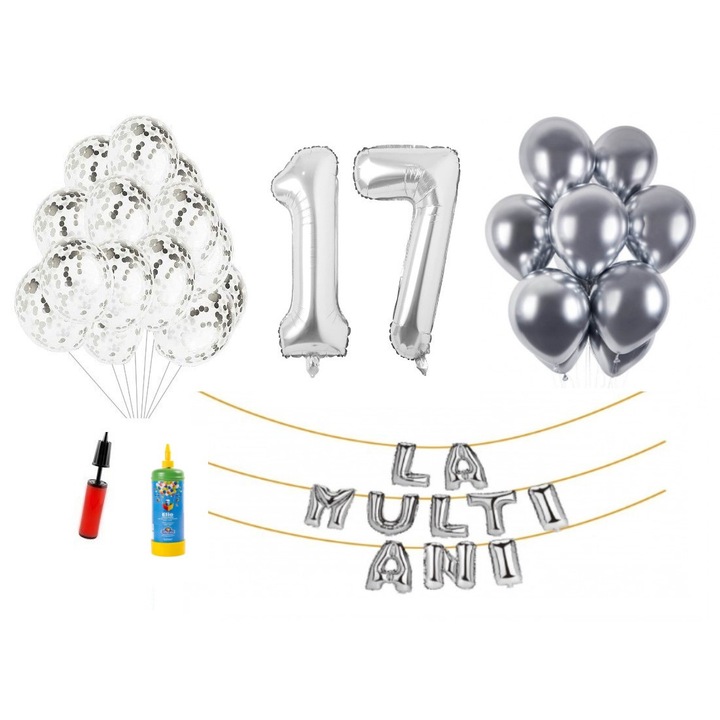 Set baloane, 34 elemente, La Multi Ani aniversare 17 ani, cifre folie 101 cm, argintiu + Butelie de heliu