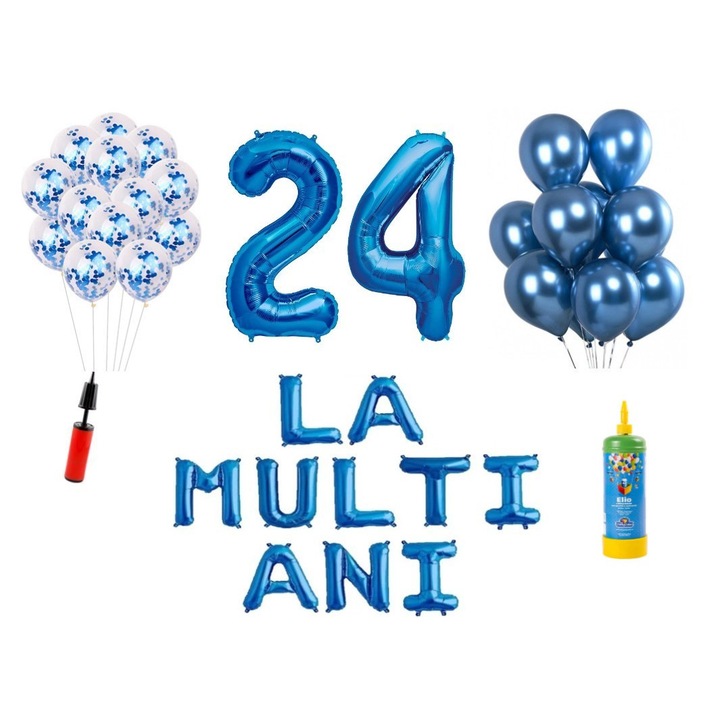 Set 34 baloane, La Multi Ani aniversare 24 ani, cifre folie 100 cm, albastru + Butelie de heliu