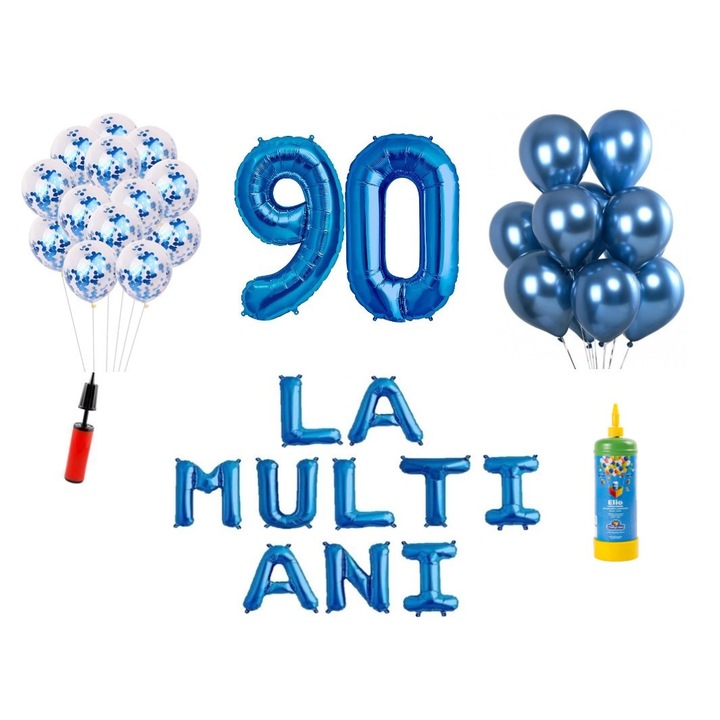 Set 34 baloane, La Multi Ani aniversare 90 ani, cifre folie 100 cm, Domi Party & Gifts, albastru + Butelie de heliu
