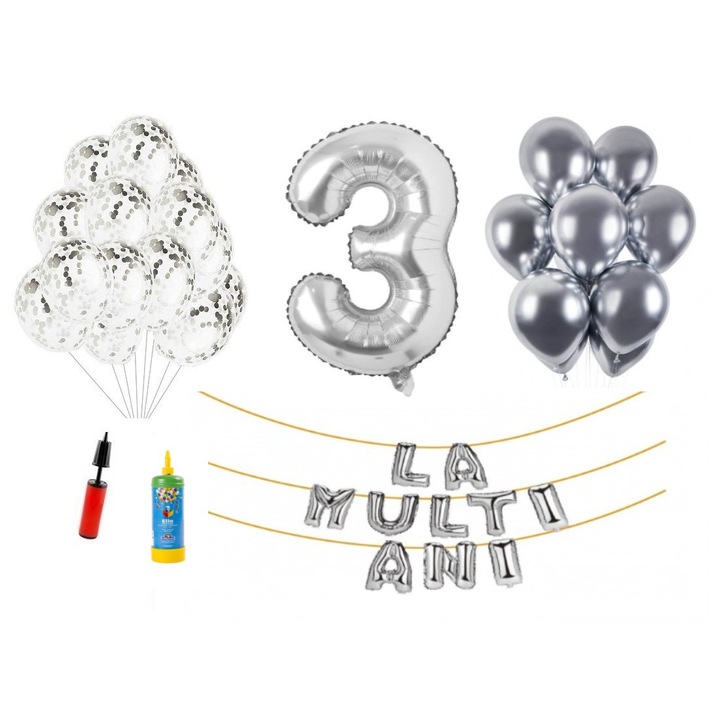 Set baloane, 33 elemente, La Multi Ani aniversare 3 ani, cifra folie 101 cm, argintiu + Butelie de heliu