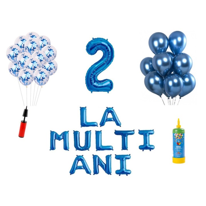 Set 33 baloane, La Multi Ani aniversare 2 ani, cifra folie 100 cm, albastru + Butelie de heliu