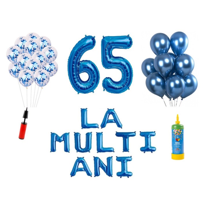 Set 34 baloane, La Multi Ani aniversare 65 ani, cifre folie 100 cm, albastru + Butelie de heliu