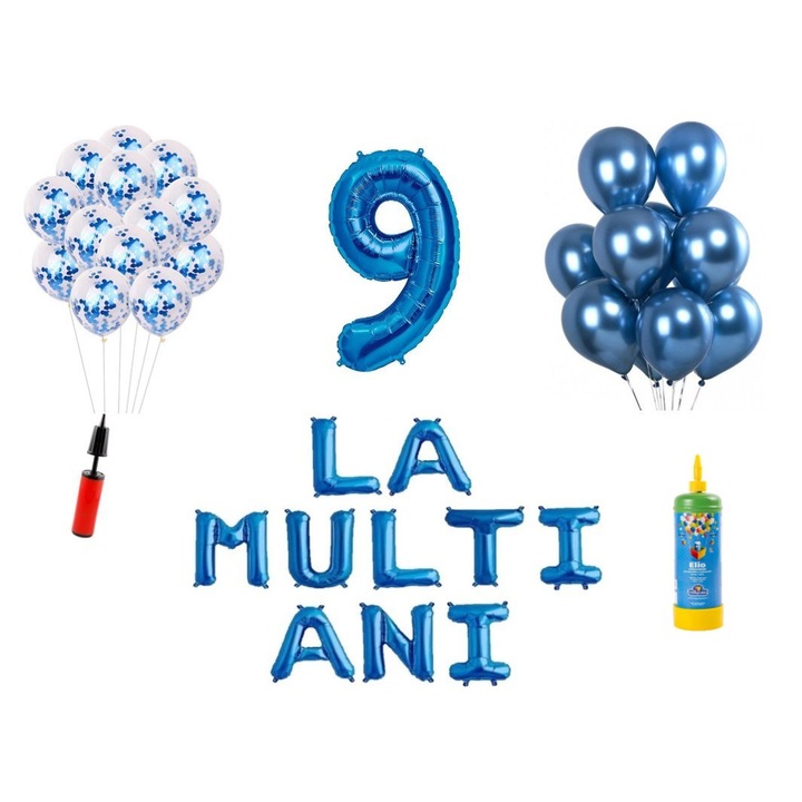 Set 33 baloane, La Multi Ani aniversare 9 ani, cifra folie 100 cm, albastru + Butelie de heliu
