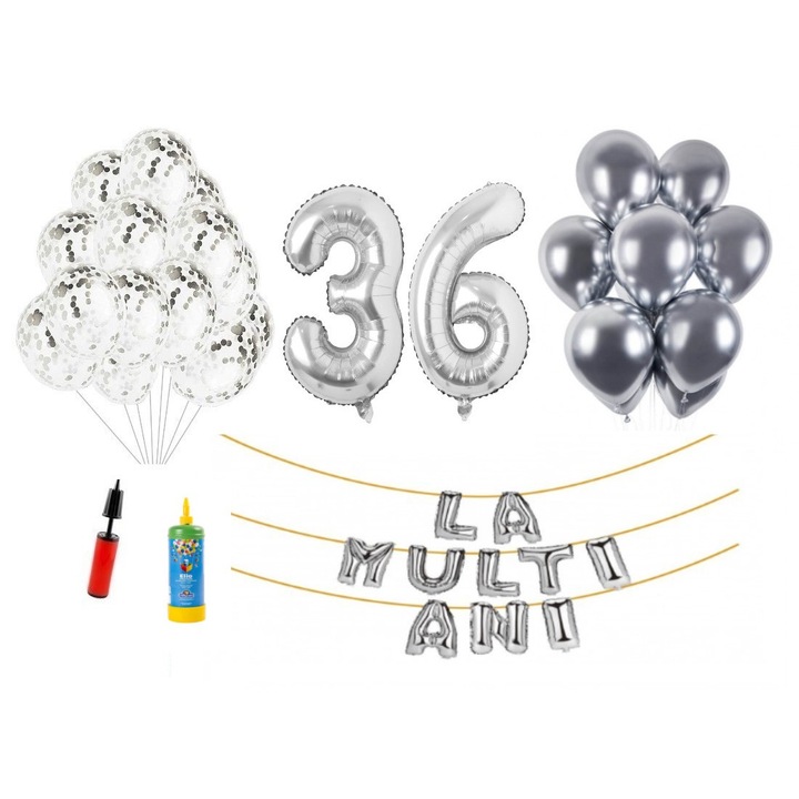Set 34 baloane, La Multi Ani aniversare 36 ani, cifre folie 100 cm, argintiu + Butelie de heliu