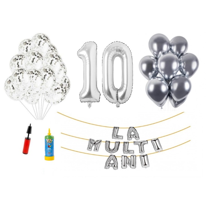 Set 34 baloane, La Multi Ani aniversare 10 ani, cifre folie 100 cm, argintiu + Butelie de heliu