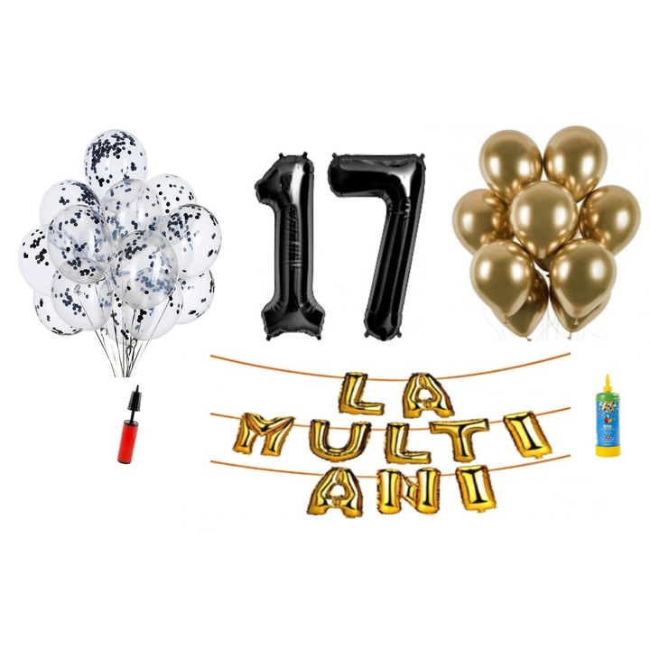 Set 34 baloane, La Multi Ani aniversare 17 ani, cifre folie 100 cm, Domi Party & Gifts, negru + Butelie de heliu