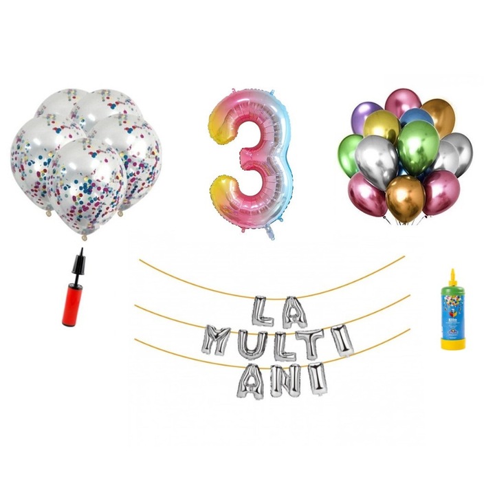 Set baloane, 33 elemente, La Multi Ani aniversare 3 ani, cifra folie 101 cm, curcubeu + Butelie de heliu