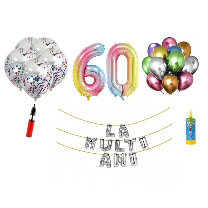 Set 34 baloane, La Multi Ani aniversare 60 ani, cifre folie 100 cm, Domi Party & Gifts, curcubeu + Butelie de heliu