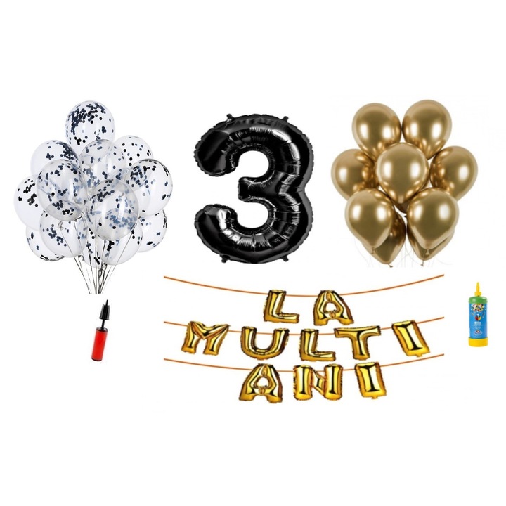 Set 33 baloane, La Multi Ani aniversare 3 ani, cifra folie 100 cm, negru + Butelie de heliu