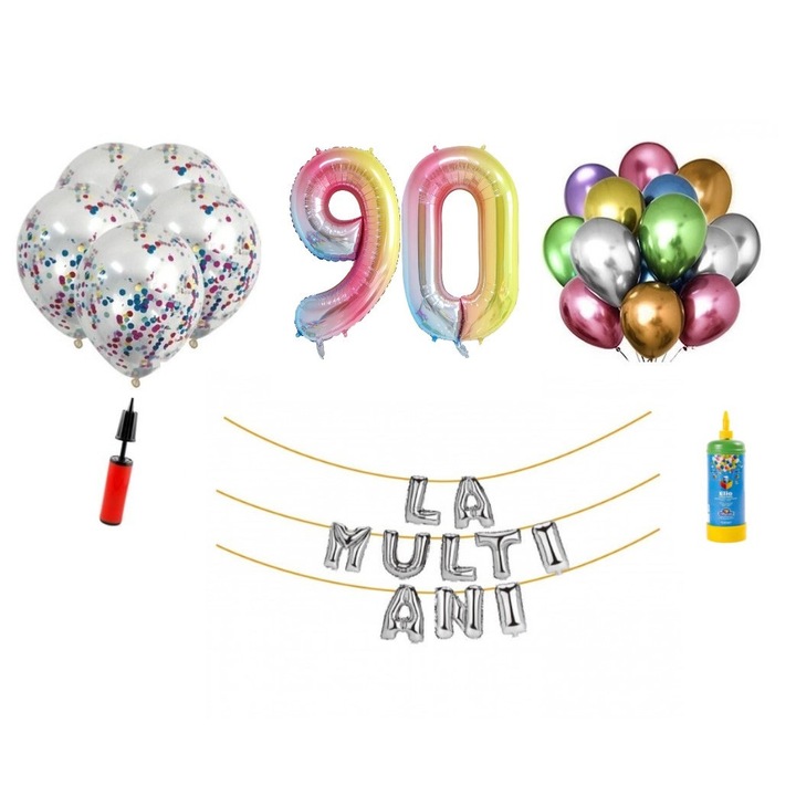 Set 34 baloane, La Multi Ani aniversare 90 ani, cifre folie 100 cm, curcubeu + Butelie de heliu