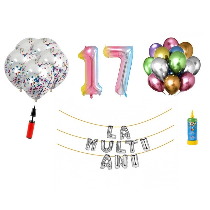 Set 34 baloane, La Multi Ani aniversare 17 ani, cifre folie 100 cm, Domi Party & Gifts, curcubeu + Butelie de heliu