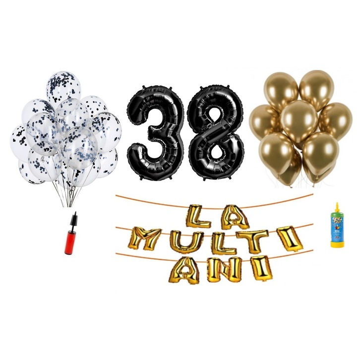 Set 34 baloane, La Multi Ani aniversare 38 ani, cifre folie 100 cm, negru + Butelie de heliu