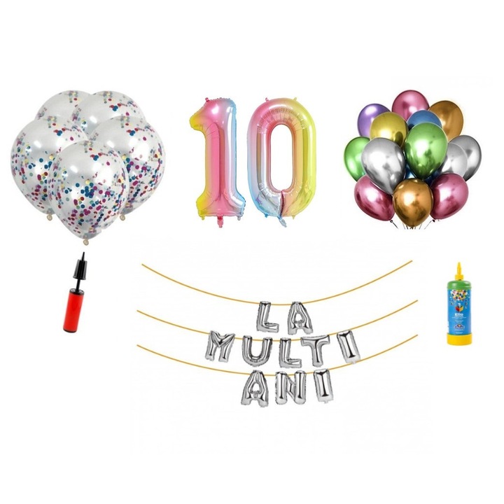 Set 34 baloane, La Multi Ani aniversare 10 ani, cifre folie 100 cm, Domi Party & Gifts, curcubeu + Butelie de heliu