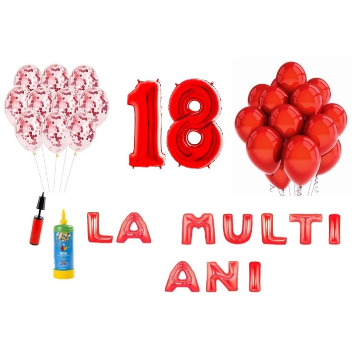 Set 34 baloane, La Multi Ani aniversare 18 ani, cifre folie 100 cm, rosu + Butelie de heliu