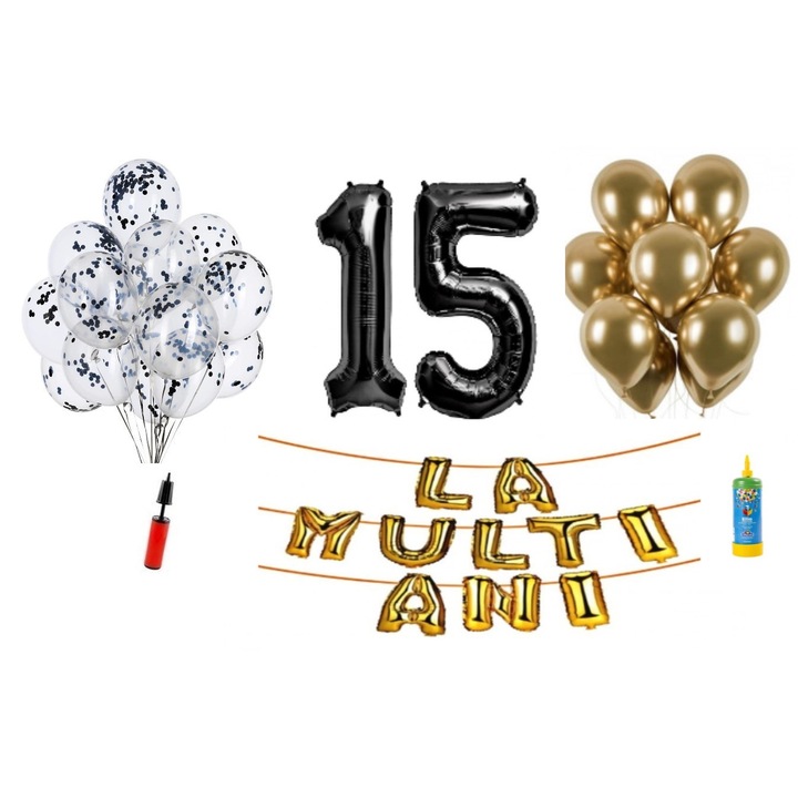 Set baloane, 34 elemente, La Multi Ani aniversare 15 ani, cifre folie 101 cm, negru + Butelie de heliu