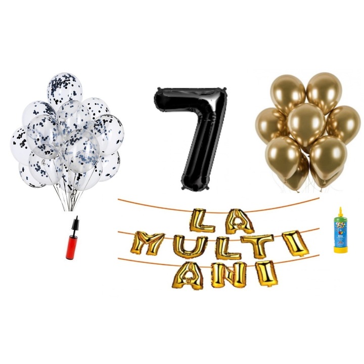 Set baloane, 33 elemente, La Multi Ani aniversare 7 ani, cifra folie 101 cm, negru + Butelie de heliu