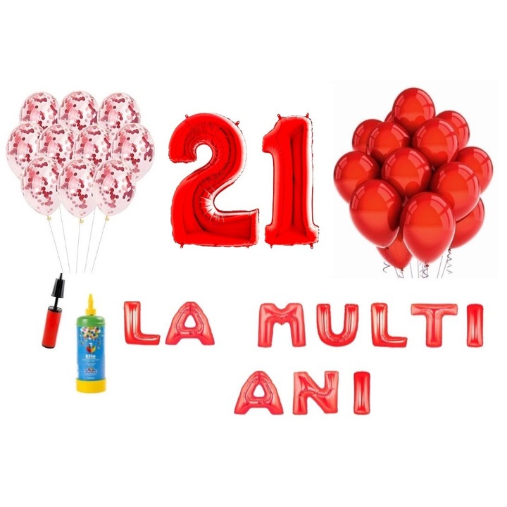Set 34 baloane, La Multi Ani aniversare 21 ani, cifre folie 100 cm, Domi Party & Gifts, rosu + Butelie de heliu