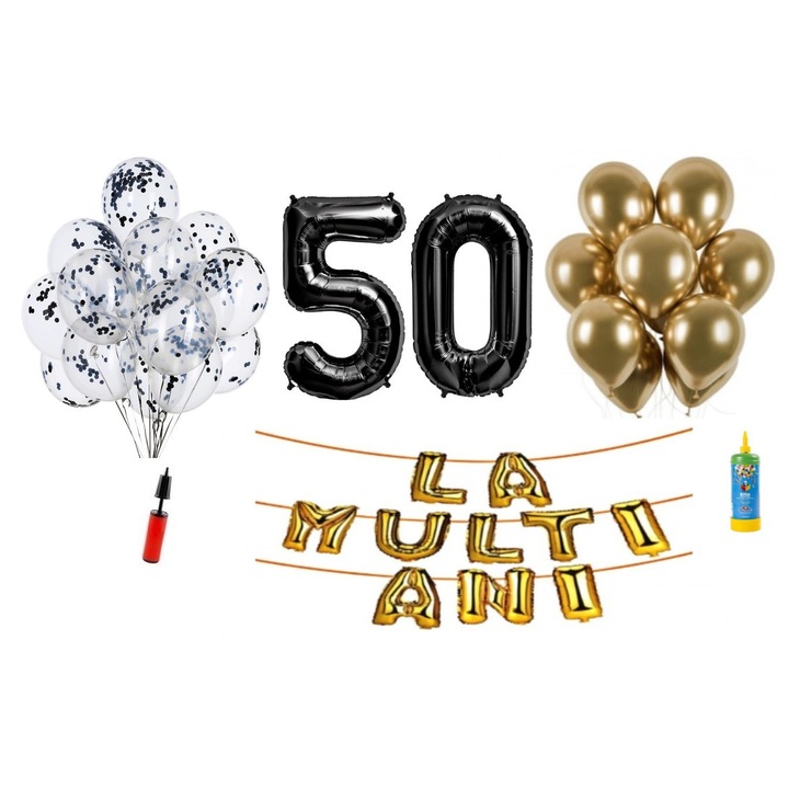 Set 34 baloane, La Multi Ani aniversare 50 ani, cifre folie 100 cm, Domi Party & Gifts, negru + Butelie de heliu