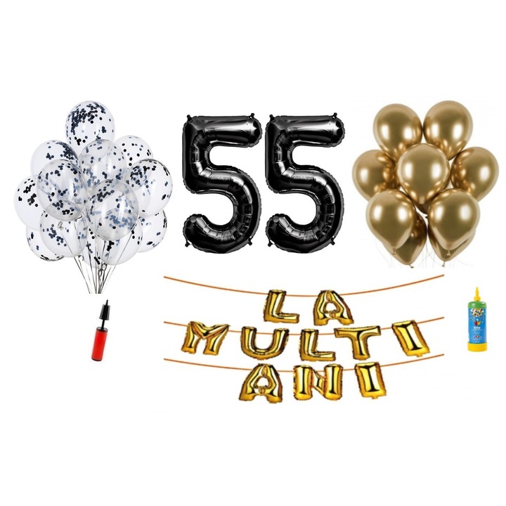 Set 34 baloane, La Multi Ani aniversare 55 ani, cifre folie 100 cm, negru + Butelie de heliu
