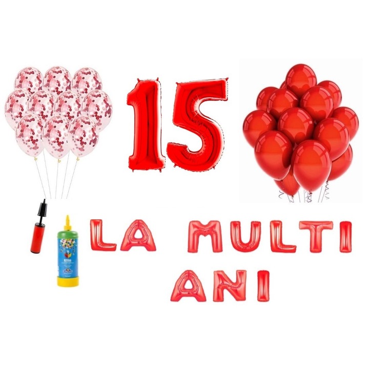 Set 34 baloane, La Multi Ani aniversare 15 ani, cifre folie 100 cm, Domi Party & Gifts, rosu + Butelie de heliu