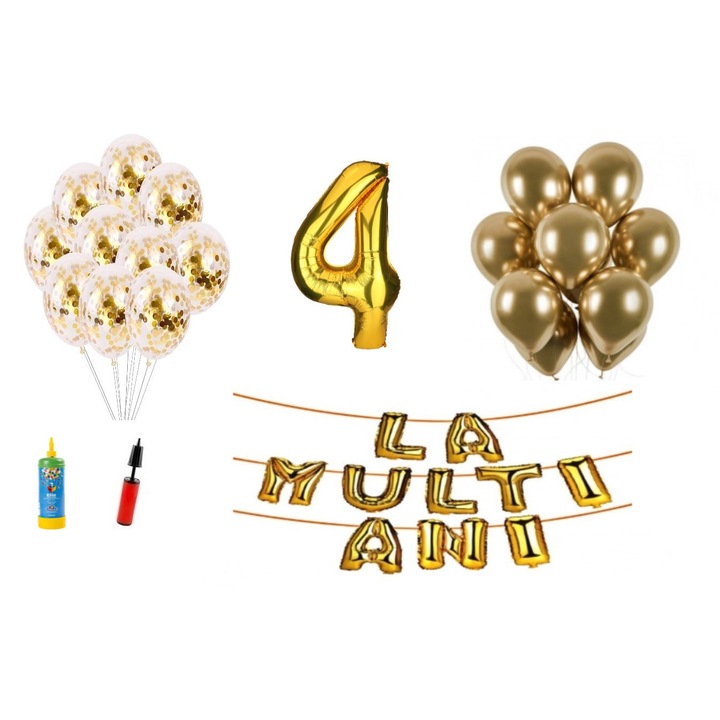 Set baloane, 33 elemente, La Multi Ani aniversare 4 ani, cifra folie 101 cm, auriu + Butelie de heliu