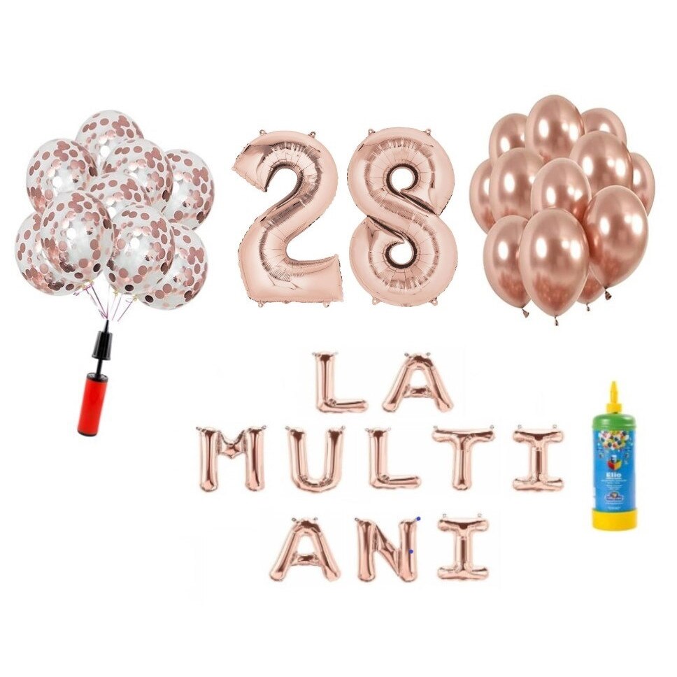 heaven Mart Grace Set 34 baloane, La Multi Ani aniversare 28 ani, cifre folie 100 cm, rose  gold + Butelie de heliu - eMAG.ro