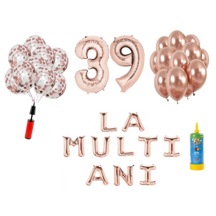 Set baloane, 34 elemente, La Multi Ani aniversare 39 ani, cifre folie 101 cm, rose gold + Butelie de heliu