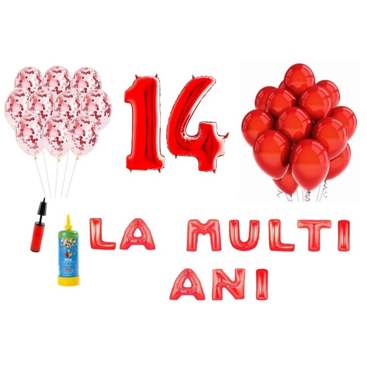 Set 34 baloane, La Multi Ani aniversare 14 ani, cifre folie 100 cm, Domi Party & Gifts, rosu + Butelie de heliu