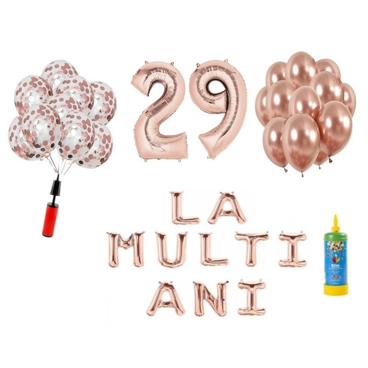 Set baloane, 34 elemente, La Multi Ani aniversare 29 ani, cifre folie 101 cm, rose gold + Butelie de heliu