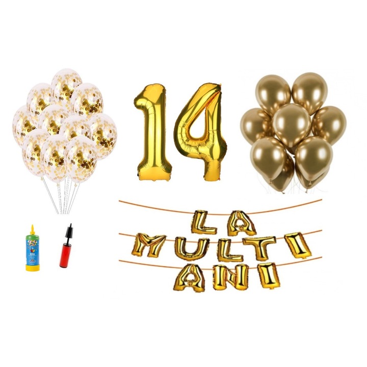 Set 34 baloane, La Multi Ani aniversare 14 ani, cifre folie 100 cm, auriu + Butelie de heliu