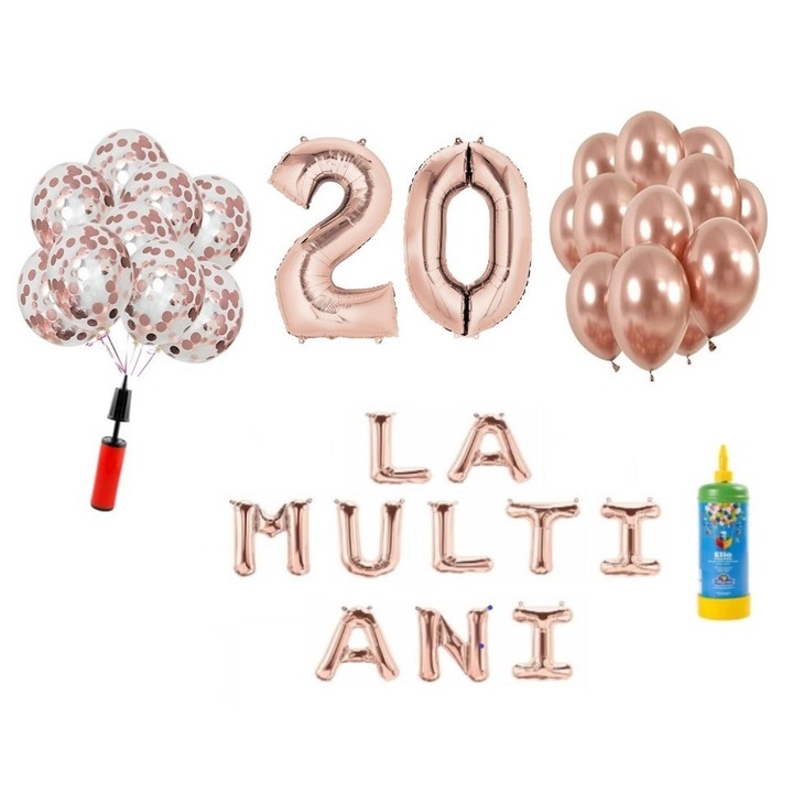 Set 34 baloane, La Multi Ani aniversare 20 ani, cifre folie 100 cm, Domi Party & Gifts, rose gold + Butelie de heliu