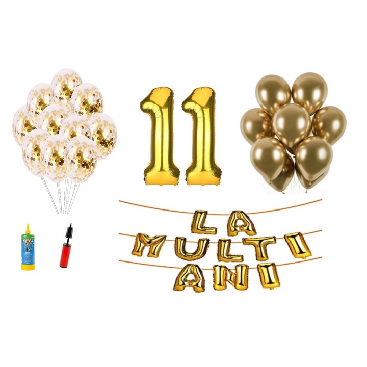 Set 34 baloane, La Multi Ani aniversare 11 ani, cifre folie 100 cm, Domi Party & Gifts, auriu + Butelie de heliu