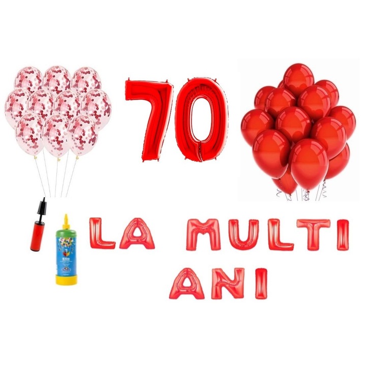 Set baloane, 34 elemente, La Multi Ani aniversare 70 ani, cifre folie 101 cm, rosu + Butelie de heliu