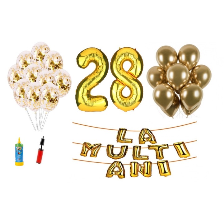Set 34 baloane, La Multi Ani aniversare 28 ani, cifre folie 100 cm, Domi Party & Gifts, auriu + Butelie de heliu