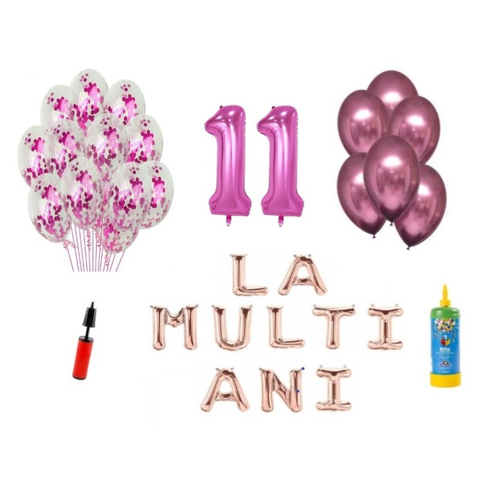 Set 34 baloane, La Multi Ani aniversare 11 ani, cifre folie 100 cm, Domi Party & Gifts, roz + Butelie de heliu