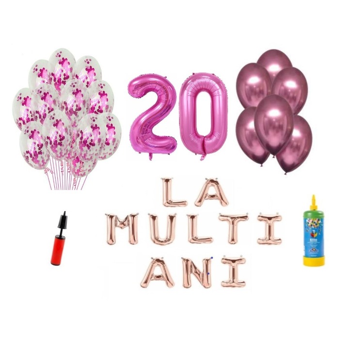 Set baloane, 34 elemente, La Multi Ani aniversare 20 ani, cifre folie 101 cm, roz + Butelie de heliu