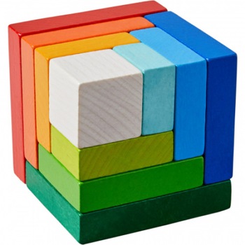Joc de aranjare, Cub 3D curcubeu din lemn, HABA, 3+ ani Joc de aranjare, Cub 3D curcubeu din lemn, HABA, 3+ ani