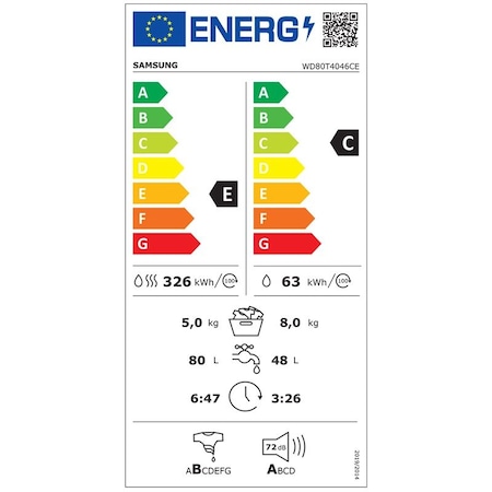 Masina de spalat rufe frontala cu uscator SAMSUNG WD80T4046CE/LE, 8/5 kg, 1400rpm, Clasa E, Alb