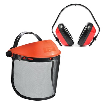 Set casca de protectie reglabila cu viziera perforata din plastic si casti de protectie fonica Set casca de protectie reglabila cu viziera perforata din plastic si casti de protectie fonica