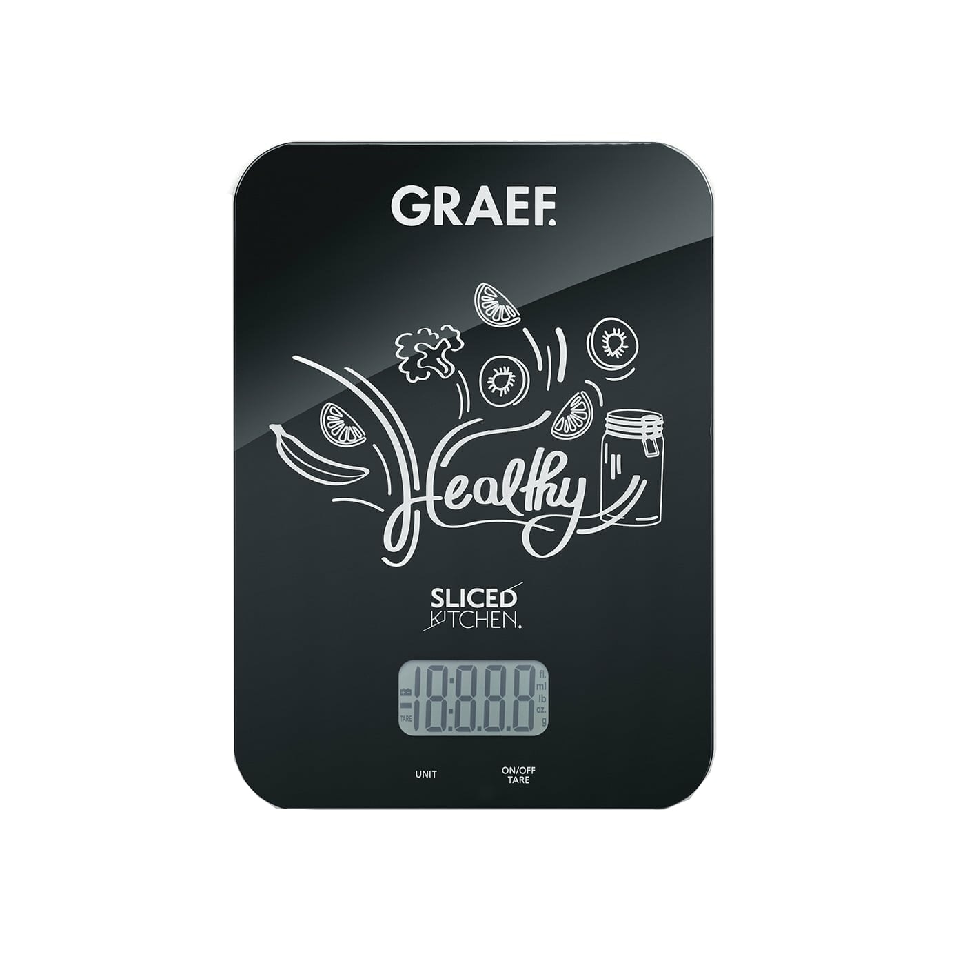 Cantar digital de bucatarie Graef, KS 202, potrivit pentru feliator, capacitate 5 kg, functie de cantarire tara, operare touch, display digital, indicator suprasarcina, sticla, negru