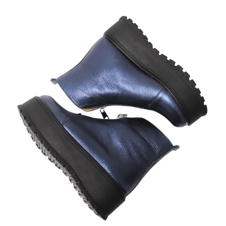 Ghete dama, Mateo Shoes, cu platforma si fermoar pe jumatate, Piele Naturala, Albastru