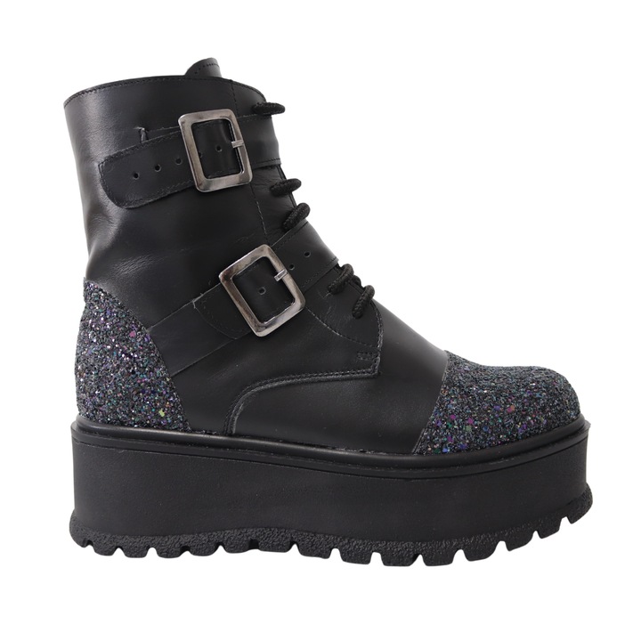 Bocanci dama cu catarame si talpa inalta antiderapanta, Piele Naturala, Mateo Shoes, Negru/Multicolor