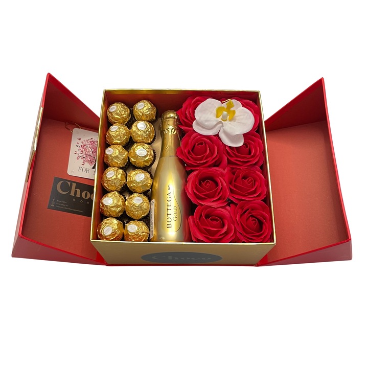 Cutie Cadou, ChocoBox, Gift Box, pentru Femei include Sampanie Bottega, Praline Ferrero Rocher si Trandafiri
