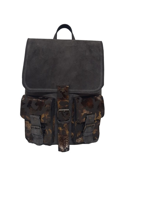 Rucsac piele naturala G78, piele intoarsa, Gri Cafeniu cu buzunare maro sidef